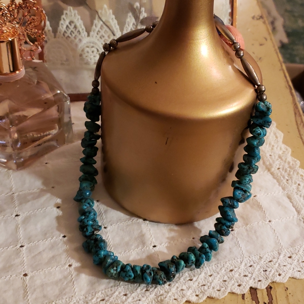 Raw Turquoise and Silver Beaded Necklace
